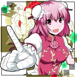  bandages bun_cover chinese_clothes commentary_request double_bun female flower hair_bun ibaraki_kasen open_mouth pink_eyes pink_hair pointing rose short_hair skirt smile solo tabard touhou yuzuhito 