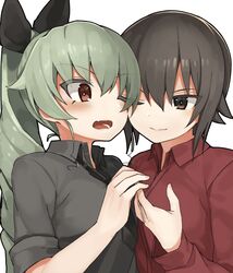  2girls anchovy black_necktie black_ribbon blouse blush brown_eyes brown_hair colored_eyelashes drill_hair girls_und_panzer green_hair grey_blouse hair_between_eyes highres lips long_hair looking_at_another multiple_girls necktie nishizumi_maho one_eye_closed open_mouth red_blouse red_eyes ribbon seramikku short_sleeves twin_drills twintails upper_body 