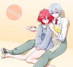  1boy apron asamura_hiori blush commentary_request dress_shirt egg egg_(food) female flip-flops food fork fried_egg grey_hair ham highres hood hooded_jacket jacket kakumeiki_valvrave l-elf long_hair necktie parsley purple_eyes red_hair renboukouji_akira sandals shirt shoes sitting sneakers tomato wariza 