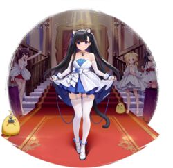  &gt;_&lt; 4girls allenes animal_ear_fluff animal_ears ariake_(azur_lane) ariake_(unending_friendship)_(azur_lane) azur_lane black_hair blue_bow blue_dress blue_eyes bow breasts cat_ears cat_girl cat_tail detached_sleeves dress evening_gown garter_straps hairbow hatsuharu_(azur_lane) hatsuharu_(hatsuharu_in_the_limelight)_(azur_lane) highres layered_dress long_hair looking_at_viewer manjuu_(azur_lane) medium_breasts multiple_girls official_alternate_costume official_art red_carpet skindentation strapless strapless_dress tail transparent_background two-tone_dress wakaba_(azur_lane) white_dress white_footwear wrist_cuffs yuugure_(azur_lane) yuugure_(evening_flower)_(azur_lane) 