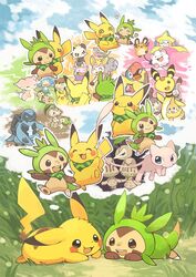  :d ampharos archen audino beheeyem brown_eyes buizel bunnelby carracosta chespin commentary_request dedenne deerling deerling_(spring) espurr eye_contact farfetch&#039;d goomy grass jirachi konanbo looking_at_another lying mawile mew_(pokemon) no_humans nuzleaf on_stomach open_mouth outdoors pancham panpour pikachu pokemon pokemon_(creature) shared_thought_bubble shelmet smile swirlix tail teeth thought_bubble tongue watchog 