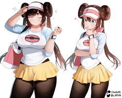  2girls bag black_pantyhose blue_eyes blue_shirt breasts brown_hair contrapposto cosplay cowboy_shot curvy double_bun doughnut_hair_bun english_commentary grey_eyes hair_between_eyes hair_bun hand_on_headwear hand_on_own_chin handbag heart highres holding holding_poke_ball large_breasts long_hair looking_at_another looking_at_viewer multiple_girls original pantyhose pantyhose_under_shorts patreon_username pink_headwear plump poke_ball poke_ball_print pokemon pokemon_bw2 raglan_sleeves rosa_(pokemon) rosa_(pokemon)_(cosplay) shirt shorts smile sparkle stroking_own_chin thick_eyebrows twintails twitter_username two-tone_headwear two-tone_shirt very_long_hair visor_cap white_background white_headwear white_shirt yellow_shorts zasshu 