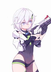  alternate_color alternate_hairstyle black_shorts blue_eyes closed_mouth female gun hair_ornament hairpin handgun highres holding holding_gun holding_weapon honkai_(series) honkai_impact_3rd kallen_kaslana kallen_kaslana_(ritual_imayoh) long_sleeves see-through short_hair shorts simple_background solo weapon white_background white_hair zaitou_(jiangyc) 