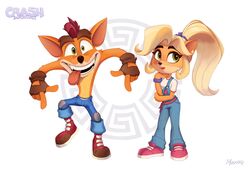  2021 activision anthro bandicoot blonde_hair brother_(lore) brother_and_sister_(lore) clothing coco_bandicoot crash_(series) crash_bandicoot duo english_text female footwear fur gloves green_eyes hair handwear hi_res long_hair magaska19 male mammal marsupial open_mouth red_hair sibling_(lore) signature simple_background sister_(lore) teeth text tongue tongue_out y2k_(fashion) 