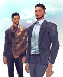  2boys african_clothes alternate_hairstyle alternate_universe animification beard black_hair black_panther_(film) dark-skinned_male dark_skin facial_hair formal killmonger light_persona male_focus marvel marvel_cinematic_universe matsu_(bandan) moustache multiple_boys sash short_hair suit t&#039;challa 