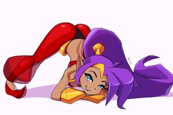  2021 ass_up blue_eyes breasts cleavage clothed clothing ear_piercing female footwear genie hair hi_res humanoid humanoid_pointy_ears jack-o&#039;_pose long_hair looking_at_viewer magaska19 not_furry open_mouth open_smile piercing ponytail pose purple_hair shantae shantae_(series) shoes simple_background smile solo wayforward white_background 