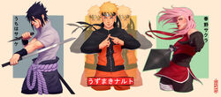  2boys absurdres afterimage black_gloves black_hair bleeding blonde_hair blood blood_from_eyes blue_eyes blurry blurry_foreground blush chokutou dual_wielding facial_mark female forehead_mark gloves hair_ribbon highres holding holding_sword holding_weapon jacket kunai leg_wrap looking_at_viewer multiple_boys naruto_(series) naruto_shippuuden ninja ninjutsu parted_lips pink_hair popped_collar pose red_ribbon redrawn ribbon sakura_haruno short_sleeves sword throwing track_jacket uchiha_sasuke uzumaki_naruto valentina_tavolilla weapon whisker_markings wind wristband 