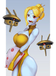  2others absurdres blonde_hair blue_skin borrowed_character breasts china_dress chinese_clothes cleavage cleavage_cutout clothing_cutout colored_skin commentary dress drone elbow_gloves english_commentary female fewer_digits folding_fan gloves hand_fan headset highres large_breasts mole mole_under_eye multiple_others no_nose open_mouth pelvic_curtain red_eyes robot_jones_(artist) short_hair sleeveless sleeveless_dress solo_focus standing t&#039;au tau_drone teeth thick_thighs thighs updo upper_teeth_only warhammer_40k yellow_dress yellow_gloves 