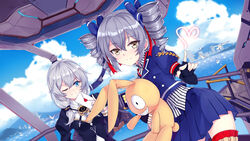  2girls bird black_gloves blue_eyes blue_sky bronya_zaychik bronya_zaychik_(valkyrie_chariot) commentary_request drill_hair fingerless_gloves gloves grey_hair heart highres homu_(honkai_impact) honkai_(series) honkai_impact_3rd looking_at_viewer love_letter multiple_girls outdoors skirt sky smile theresa_apocalypse theresa_apocalypse_(valkyrie_pledge) tot_(zhxto) twin_drills white_hair yellow_eyes 