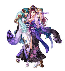  2girls alternate_costume breasts circlet closed_mouth commentary conope english_commentary fire_emblem fire_emblem_heroes flower green_hair hair_flower hair_ornament hat japanese_clothes kimono large_breasts loki_(fire_emblem) long_hair long_sleeves multiple_girls obi purple_eyes purple_hair sash simple_background smile tabi thorr_(fire_emblem) twitter_username white_background wide_sleeves yellow_eyes 