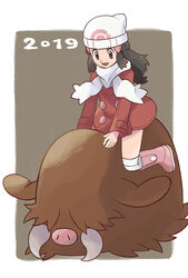  beanie boots buttons coat commentary_request dated dawn_(pokemon) eyelashes female grey_eyes grey_hair hair_ornament hairclip hat highres long_hair long_sleeves looking_down open_mouth over-kneehighs piloswine pink_footwear pokemon pokemon_(creature) pokemon_dppt pokemon_platinum red_coat riding riding_pokemon sawa_(soranosawa) scarf sidelocks smile thighhighs tongue white_headwear white_legwear white_scarf 