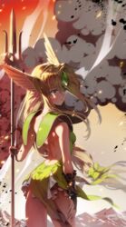  armor backless_outfit bare_shoulders blonde_hair blue_eyes breasts bridal_gauntlets chkuyomi commentary_request dress female forehead_jewel gem green_dress helmet holding korean_commentary lips long_hair looking_away low-tied_long_hair medium_breasts outdoors polearm riesz seiken_densetsu seiken_densetsu_3 short_dress shoulder_armor smoke_trail solo spear trident very_long_hair weapon winged_helmet 