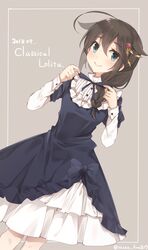  adjusting_neck_ribbon ahoge alternate_costume artist_name beige_background blue_dress blue_eyes blue_ribbon blush braid brown_hair buttons commentary dated dress female frilled_dress frills hair_between_eyes hair_flaps hair_ornament hair_over_shoulder hair_ribbon highres kantai_collection lolita_fashion long_hair long_sleeves looking_at_viewer neck_ribbon neko_ame ribbon shigure_(kancolle) shigure_kai_ni_(kancolle) sidelocks signature simple_background single_braid smile solo twitter_username 