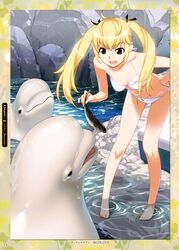  :d absurdres ass_visible_through_thighs barefoot beluga_whale bent_over bikini blonde_hair blue_eyes dolphin female fish grisaia_(series) grisaia_no_kajitsu hand_on_own_hip highres legs long_hair long_legs matsushima_michiru navel oerba_yun_fang official_art open_mouth scan smile solo swimsuit twintails wading watanabe_akio water white_bikini 