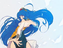  bad_id bad_pixiv_id blue_eyes blue_hair dress expressionless female hairband long_hair looking_back madou_monogatari menokurage puyopuyo rulue_(puyopuyo) see-through solo very_long_hair white_background 