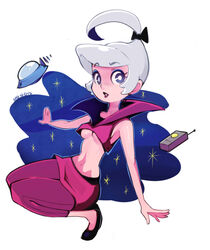  bare_shoulders bow breasts bright_pupils capri_pants controller crop_top eyeliner female flats full_body hairbow high_collar high_ponytail judy_jetson lipstick makeup medium_breasts midriff navel pants pants_under_skirt purple_eyes remote_control sho-n-d skirt solo the_jetsons ufo underboob white_hair 