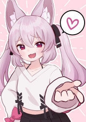  :d absurdres animal_ear_fluff animal_ears black_bow black_ribbon black_skirt bow bra_strap collarbone crop_top female hair_between_eyes hair_ribbon hand_on_own_hip hand_up heart highres index_finger_raised karin_(vrchat) light_blush long_hair long_sleeves looking_at_viewer midriff oerba_yun_fang open_mouth pink_background pink_hair pleated_skirt pui_(pixiv_22766238) raised_eyebrows red_bow red_eyes ribbon shirt shirt_bow skin_fang skirt sleeve_bow smile solo spoken_heart twintails upper_body v-neck vrchat white_shirt white_sleeves 