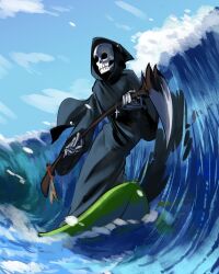  absurd_res ambiguous_gender animated_skeleton bone cloak cloak_only clothing death_(personification) hi_res humanoid humor melee_weapon not_furry polearm rendolocked scythe sea skeleton solo surfboard surfing undead water weapon 