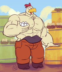  abs avian beak bird chest_tuft chicken clothing egg feathers galliform gallus_(genus) hay hay_bale hi_res holding_egg holding_object hooves jasperthecrab male muscular muscular_male nest overalls overalls_down pecs phasianid shirtless solo tuft white_body white_feathers yellow_beak 