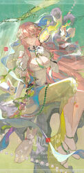  absurdres artist_name breasts cleavage commission elbow_gloves female full_body gloves green_eyes hair_between_eyes hair_ornament hairclip hand_fan highres holding holding_fan light_smile long_hair looking_at_viewer medium_breasts original pink_hair ruanxiao sidelocks sitting socks solo weibo_watermark white_gloves white_rabbit_(animal) white_socks 