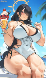  biceps black_choker black_hair blue_archive blue_sky blush breasts casual_one-piece_swimsuit choker closed_mouth clothing_cutout cloud commission covered_navel criss-cross_halter cromwellb cross cross_earrings cup day dessert earrings feet_out_of_frame female food hair_over_one_eye halo halterneck highres hinata_(blue_archive) hinata_(swimsuit)_(blue_archive) holding holding_cup holding_spoon jewelry large_breasts layered_swimsuit long_hair looking_at_viewer muscular muscular_female official_alternate_costume one-piece_swimsuit one_eye_covered outdoors palm_leaf parfait pixiv_commission red_eyes side_cutout sitting sky smile solo split_mouth spoon strawberry_parfait swimsuit thick_thighs thighs twitter_username very_long_hair white_one-piece_swimsuit winged_halo yellow_halo 