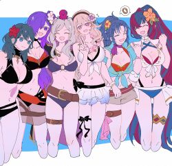  6+girls alear_(female)_(fire_emblem) alear_(female)_(seaside_dragon)_(fire_emblem) alear_(fire_emblem) alternate_costume ass_visible_through_thighs bikini black_bikini blue_bikini breasts byleth_(female)_(fire_emblem) byleth_(female)_(summer)_(fire_emblem) byleth_(fire_emblem) cleavage corrin_(female)_(fire_emblem) corrin_(female)_(summer)_(fire_emblem) corrin_(fire_emblem) criss-cross_halter crossed_bangs fire_emblem fire_emblem:_mystery_of_the_emblem fire_emblem:_new_mystery_of_the_emblem fire_emblem:_three_houses fire_emblem_awakening fire_emblem_engage fire_emblem_fates fire_emblem_heroes fire_emblem_warriors:_three_hopes flower hair_flower hair_ornament hair_over_one_eye halterneck hibiscus highres kris_(female)_(fire_emblem) kris_(fire_emblem) large_breasts long_hair medium_breasts multicolored_bikini multicolored_clothes multicolored_hair multicolored_swimsuit multiple_girls navel official_alternate_costume official_alternate_hairstyle purple_bikini purple_eyes purple_hair red_bikini robin_(female)_(fire_emblem) robin_(female)_(summer)_(fire_emblem) robin_(fire_emblem) sasaki_(dkenpisss) shez_(female)_(fire_emblem) shez_(female)_(summer)_(fire_emblem) shez_(fire_emblem) shorts split-color_hair stomach swimsuit trait_connection underboob white_bikini 