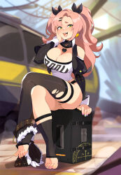  ass black_ribbon breasts commentary crop_top crossed_legs feet female green_eyes hair_ornament hair_ribbon hairclip highres large_breasts long_hair looking_at_viewer mole mole_on_thigh nail_polish nicole_demara pink_hair ribbon sitting smile solo squeezable_(squeezabledraws) stirrup_legwear strapless toeless_legwear toenail_polish toenails toes two_side_up underbutt zenless_zone_zero 