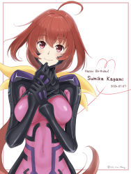  ahoge armored_bodysuit bodysuit bow breasts covered_navel female fortified_suit hair_intakes hairbow highres impossible_bodysuit impossible_clothes kagami_sumika long_hair looking_at_viewer low_ponytail medium_breasts muv-luv muv-luv_alternative pilot_suit pink_bodysuit ponytail red_eyes red_hair ribbon sin_sin_shinji skin_tight smile solo very_long_hair yellow_bow 