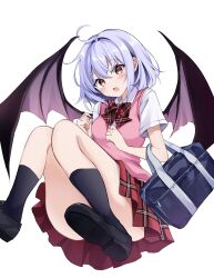  ahoge alternate_costume ass bag bat_wings black_footwear black_socks blush bow bowtie collared_shirt convenient_leg female highres hyurasan knees_up open_mouth pink_sweater_vest plaid_bow plaid_clothes plaid_skirt purple_hair red_bow red_eyes red_skirt remilia_scarlet school_bag school_uniform shirt short_hair short_sleeves simple_background skirt socks solo sweater_vest thighs touhou white_background white_shirt wings 