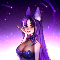  absurdres animal_ear_fluff animal_ears artist_name awful_queen_(vtuber) bad_source black_nails blush breasts female heterochromia highres indie_virtual_youtuber large_breasts lipstick looking_at_viewer makeup mole mole_under_eye monster_girl parted_lips purple_hair star_(sky) woudpe 