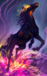  2019 ambiguous_feral ambiguous_gender bent_legs black_body black_fur black_hooves black_mane chirun colored digital_media_(artwork) digital_painting_(artwork) equid equine feral fur glowing heroes_of_estaria hi_res hooves horse jumping magic magic_user mammal mane orange_eyes orange_mouth purple_mane purple_tail quadruped shaded silentcandle_games simple_background solo tail unguligrade 