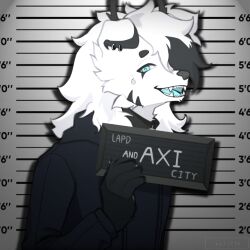  1:1 anonymous_artist anthro antlers axi_(character) barbie_and_ken_mugshot_meme blue_eyes blue_tongue canid canine canis clothing collar domestic_dog fangs hair hi_res hoodie horn long_hair looking_at_viewer male mammal mugshot nordic_sled_dog piercing samoyed smile solo spitz teeth tongue topwear white_body 