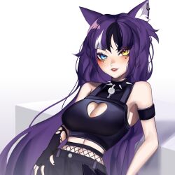  absurdres animal_ear_fluff animal_ears artist_name awful_queen_(vtuber) bad_source black_nails blush breasts choker collar female heterochromia highres hoshikokoro-chan indie_virtual_youtuber large_breasts lipstick looking_at_viewer makeup mole mole_under_eye monster_girl parted_lips purple_hair spiked_collar spikes 