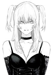  amane_misa collarbone commentary cross cross_necklace death_note elbow_gloves female gloves greyscale hair_between_eyes highres hoshi_san_3 jewelry looking_at_viewer monochrome necklace simple_background solo two_side_up upper_body white_background 