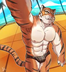  2024 abs absurd_res anthro armpit_hair biceps body_hair chest_tuft clothing epic_games felid fortnite grin hi_res high-angle_view male mammal manly muscular muscular_legs muscular_thighs navel nipples notched_ear obenpanda oscar_(fortnite) outside palm_tree pantherine pecs plant pubes smile solo speedo standing striped_body stripes swimwear tiger tree triceps tuft water yellow_eyes 