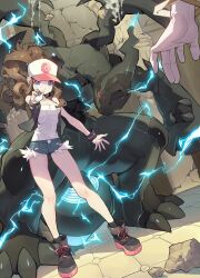  1other absurdres bare_shoulders baseball_cap black_skin black_vest blue_shorts breasts brown_hair chamchamshia cleavage colored_skin denim denim_shorts dragon electricity female hat high_ponytail highres hilda_(pokemon) holding holding_poke_ball long_hair medium_breasts out_of_frame poke_ball pokemon pokemon_(creature) pokemon_bw ruins shirt short_shorts shorts vest white_hat white_shirt zekrom 