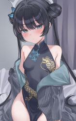  absurdres black_dress black_gloves black_hair blue_archive blush braid braided_bun breasts butterfly_hair_ornament china_dress chinese_clothes coat double_bun dragon_print dress female gloves grey_coat grey_eyes grey_halo hair_bun hair_ornament halo hazumi071005 highres jacket kisaki_(blue_archive) long_hair looking_at_viewer pelvic_curtain pinstripe_jacket pinstripe_pattern print_dress sleeveless sleeveless_dress small_breasts solo striped_clothes striped_coat striped_jacket twintails vertical-striped_coat 