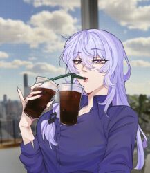  alternate_costume balancing bendy_straw between_breasts black_swan_(honkai:_star_rail) breasts bubble_tea_challenge cleavage cup disposable_cup drink drinking drinking_straw drinking_straw_in_mouth female hair_spread_out highres honkai:_star_rail honkai_(series) large_breasts long_hair looking_at_viewer object_on_breast object_on_pectorals purple_eyes purple_hair solo the_bearsun upper_body very_long_hair yellow_eyes 