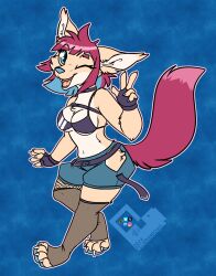  anthro belt bikini bikini_top black_bikini black_bikini_top black_clothing black_swimwear blue_background blue_eyes blue_nose bottomwear breasts canid canine cleavage cleo_(dooper64) clothed clothing cutoffs denim denim_bottomwear denim_clothing felisrandomis female fennec_fox fingerless_gloves fox gesture gloves hair hand_gesture handwear hi_res legwear looking_at_viewer mammal one_eye_closed pink_hair pink_tail shorts simple_background solo stockings swimwear tail true_fox two-piece_swimsuit v_sign wink 