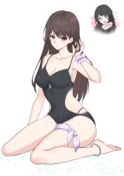  2girls absurdres anklet bang_dream! bang_dream!_it&#039;s_mygo!!!!! barefoot black_hair black_jacket black_one-piece_swimsuit breasts brown_hair chinese_commentary cleavage closed_mouth collarbone commentary_request covered_navel earrings full_body hand_up heart heart_in_eye highres jacket jewelry long_hair long_sleeves looking_at_viewer md5_mismatch medium_breasts medium_hair mole mole_under_eye multiple_girls official_alternate_costume one-piece_swimsuit own_hands_together purple_eyes revision shiina_taki simple_background sitting stud_earrings swimsuit symbol_in_eye unique_(pixiv12704744) upper_body wariza white_background yahata_umiri 