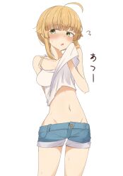  ahoge averting_eyes blonde_hair blush breasts clothes_lift denim denim_shorts eyebrows_hidden_by_hair feet_out_of_frame female flying_sweatdrops green_eyes groin hair_between_eyes lifting_own_clothes long_bangs medium_breasts mushoku_tensei navel norn_greyrat open_mouth root_(1732050807point) shirt shirt_lift short_hair shorts simple_background solo stomach sweat white_background white_shirt wiping_sweat 