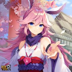  animal_ears architecture bare_shoulders benghuai_xueyuan blue_eyes blue_sky breasts cherry_blossoms closed_mouth cloud cloudy_sky copyright_name east_asian_architecture female flower fox_ears hair_between_eyes highres honkai_(series) japanese_clothes jewelry logo long_hair looking_at_viewer necklace official_art outdoors petals pink_flower pink_hair second-party_source sky smile solo temple yae_sakura yae_sakura_(gyakushinn_miko) 