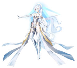  absurdres adapted_costume alternate_hairstyle blue_eyes blue_light bodysuit breasts bright_pupils cleavage cleavage_cutout clothing_cutout collarbone counter:side covered_groin covered_navel cy7989 dated_commentary english_commentary female floating frown full_body glowing glowing_halo gold_trim hair_between_eyes halo highres honeycomb_(pattern) horizon_(counter:side) long_hair looking_at_viewer mechanical_halo medium_breasts outstretched_arm ponytail simple_background solo unmoving_pattern very_long_hair wavy_hair white_background white_bodysuit white_hair white_pupils 