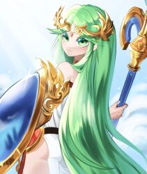  ass cowboy_shot diadem female from_behind green_eyes green_hair highres holding holding_staff kid_icarus kid_icarus_uprising light_rays looking_at_viewer outdoors palutena shield solo sparkle staff sunbeam sunlight tsunqi 