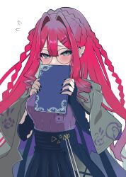  baobhan_sith_(fate) baobhan_sith_(swimsuit_pretender)_(fate) baobhan_sith_(swimsuit_pretender)_(second_ascension)_(fate) black_nails black_skirt blush book breasts capelet covering_own_mouth ear_piercing fate/grand_order fate_(series) female glasses grey_capelet grey_eyes highres holding holding_book long_hair long_sleeves looking_at_viewer piercing pink_hair pointy_ears purple_shirt round_eyewear sheyona shirt sidelocks skirt solo white_background 