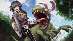  absurd_res ambiguous_gender black_hair bone clothed clothing dinosaur duo eyewear fake_ears fake_rabbit_ears feral glasses hair hi_res human male mammal melee_weapon open_mouth plant prehistoric_species rendolocked reptile riding scalie sharp_teeth sky sword teeth tongue tongue_out tree weapon 