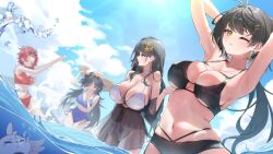  1other 4girls abby_(wuthering_waves) alternate_costume amosense armpits arms_up baizhi_(wuthering_waves) bangs_pinned_back bare_shoulders bikini black_bikini black_bow black_hair blue_bikini bow breasts brown_hat chixia_(wuthering_waves) cleavage closed_eyes colored_inner_hair commentary_request earrings female_rover_(wuthering_waves) grin hair_ornament hairbow hairclip hat highres jewelry korean_commentary large_breasts large_hat long_hair looking_at_another looking_at_viewer low-tied_long_hair multicolored_hair multiple_girls navel one_eye_closed open_mouth parted_bangs red_bikini red_hair rover_(wuthering_waves) short_hair sidelocks smile standing stomach streaked_hair swimsuit tacet_mark_(wuthering_waves) teeth upper_teeth_only very_long_hair wading wet white_bikini white_hair wuthering_waves yangyang_(wuthering_waves) yellow_eyes 