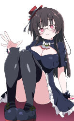  alternate_costume black_dress black_hair blush breasts choukai_(kancolle) cleavage dress female frilled_dress frills glasses gothic_lolita hairband hat highres kantai_collection large_breasts lolita_fashion lolita_hairband long_hair looking_at_viewer mini_hat natsuta_kousuke red_eyes ribbon sitting smile solo thighhighs 