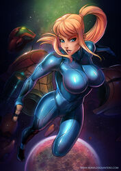  big_breasts blonde_hair blue_eyes breasts female gun hair helmet human mammal metroid not_furry ranged_weapon reiq samus_aran solo space suit weapon 