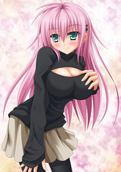  aqua_eyes bad_id bad_pixiv_id blush breasts cleavage_cutout clothing_cutout commentary_request female hair_ornament hairclip kousaki_yuzuru large_breasts long_hair looking_at_viewer meme_attire open-chest_sweater original photoshop_(medium) pink_hair shunrei_(blue_sanctuary) smile solo sweater 